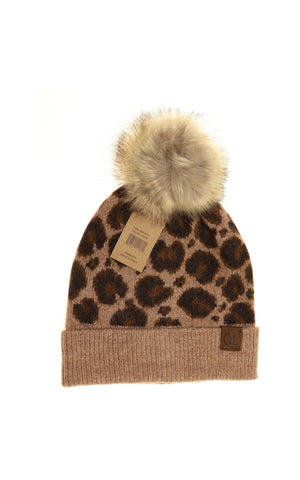 C.C Leopard Pattern Faux Fur Pom Beanie